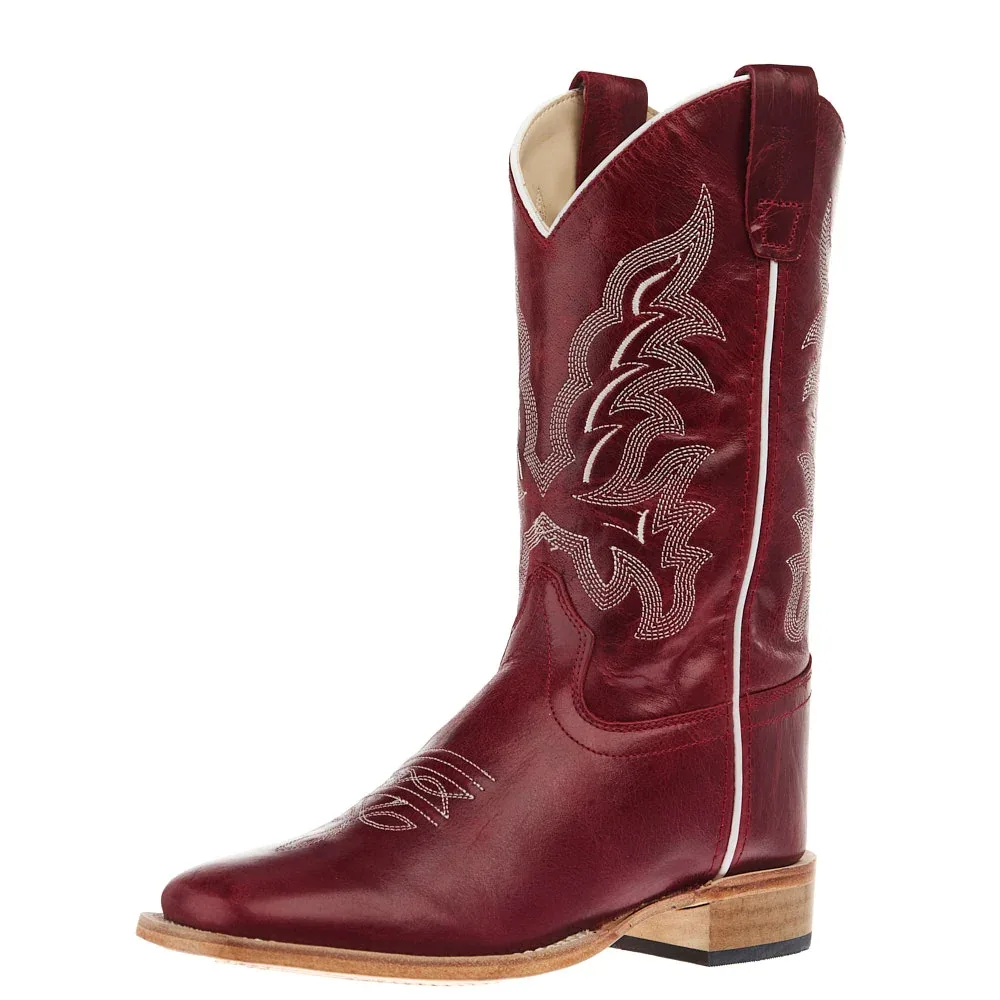 Old West Youth Deep Red Square Toe Leather Sole Boot