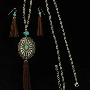Oval Disc Stone Fringed Earring/Necklace SetBk/Wh