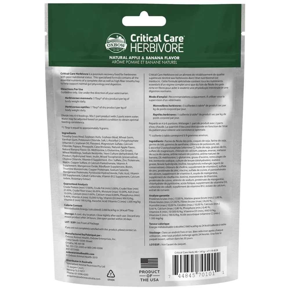 Oxbow Critical Care Apple and Banana Herbivore Dry Food for Rabbits and Guinea Pigs - Image 2