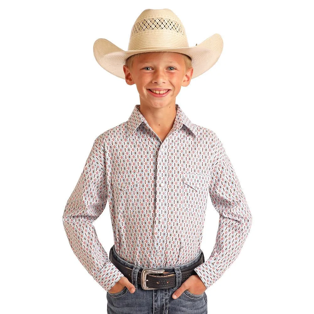 Panhandle Boy's Blue Geo Print Long Sleeve Shirt
