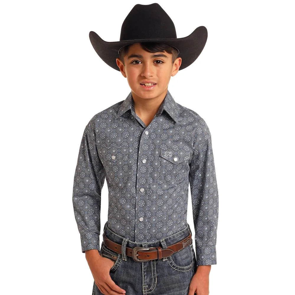 Panhandle Boys Grey Geo Floral Print Long Sleeve Button Down Shirt