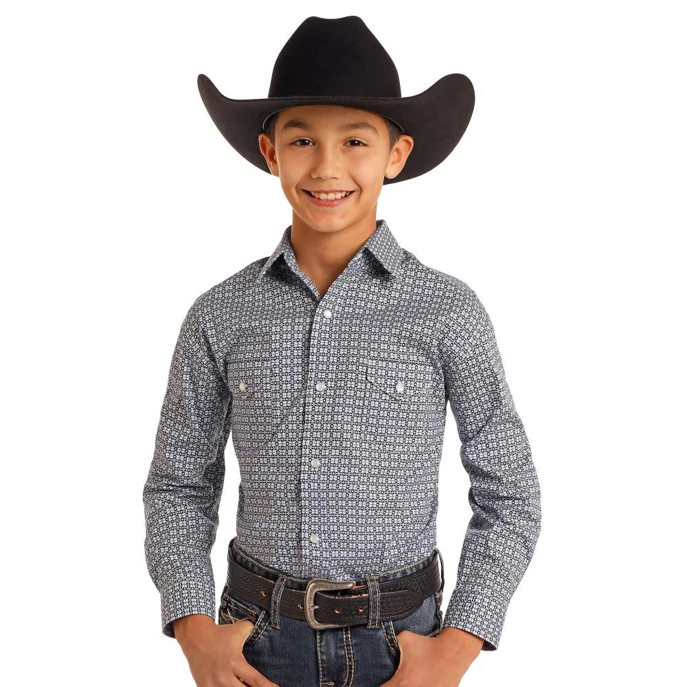 Panhandle Boys Navy Diamond Print Long Sleeve Button Down Shirt