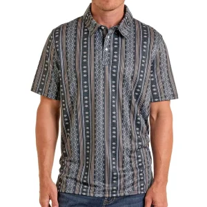 Panhandle Men's Black Aztec Wallpaper Stripe Polo