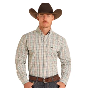 Panhandle Mens Brown Check Print Long Sleeve Button Down Shirt