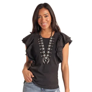 Panhandle Womens Black Flutter Sleeve Top