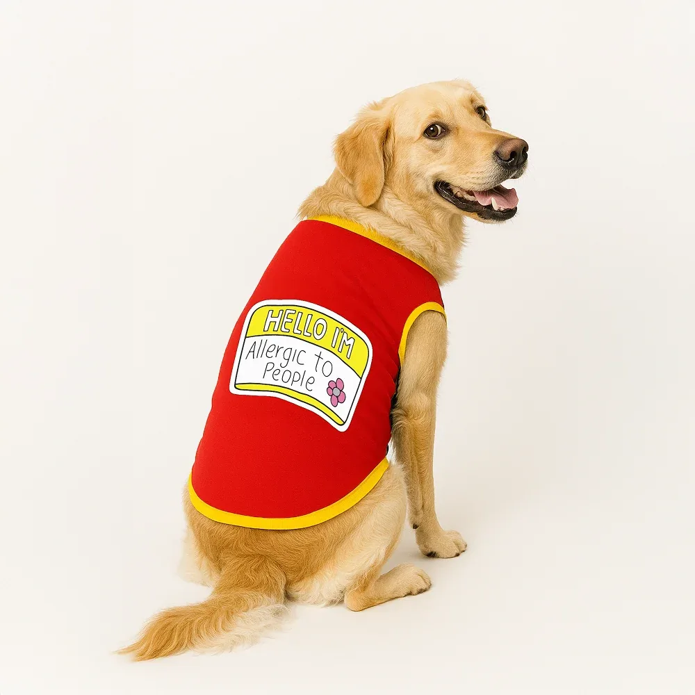 PawsIndia Hello I'm Allergic to People Printed with Ribbed Sleeves TShirt for Dogs (Red)