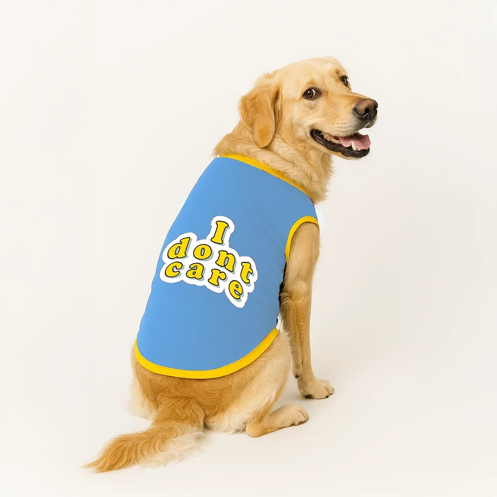 PawsIndia I Don't Care Printed with Ribbed Sleeves TShirt for Dogs (Blue)