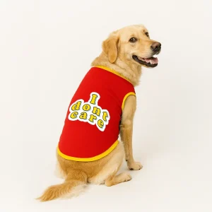 PawsIndia I Don't Care Printed with Ribbed Sleeves TShirt for Dogs (Red)
