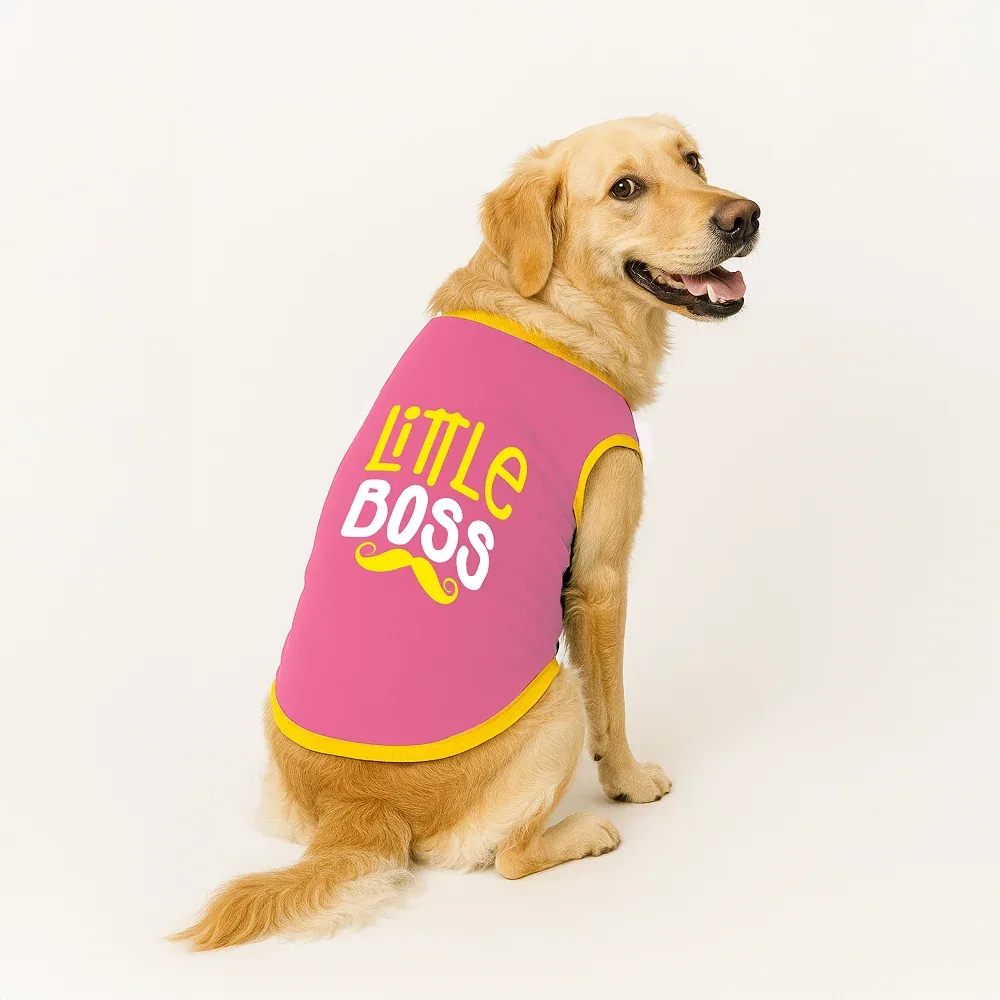 PawsIndia Little Boss Printed with Ribbed Sleeves TShirt for Dogs (Pink)