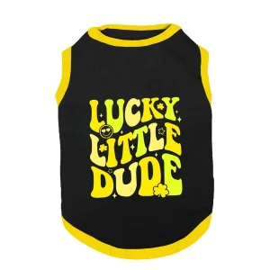PawsIndia Lucky Little Dude Printed with Ribbed Sleeves TShirt for Dogs (Black)