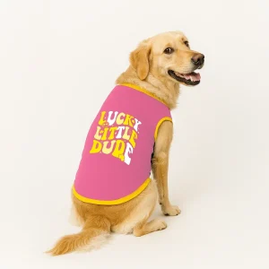 PawsIndia Lucky Little Dude Printed with Ribbed Sleeves TShirt for Dogs (Pink)