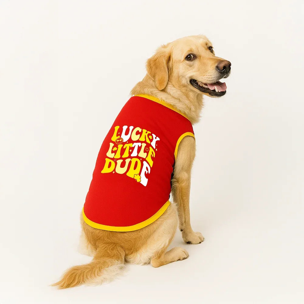 PawsIndia Lucky Little Dude Printed with Ribbed Sleeves TShirt for Dogs (Red)