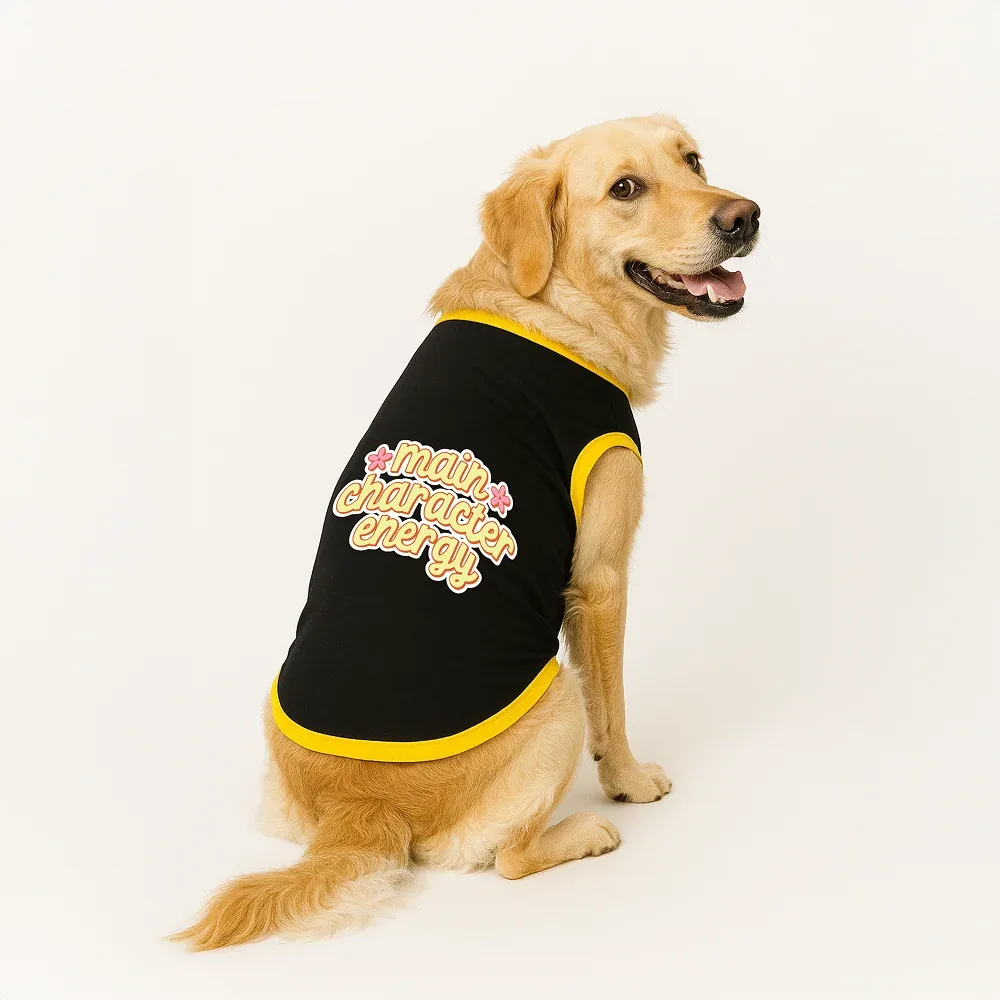 PawsIndia Main Character Energy Printed with Ribbed Sleeves TShirt for Dogs (Black)