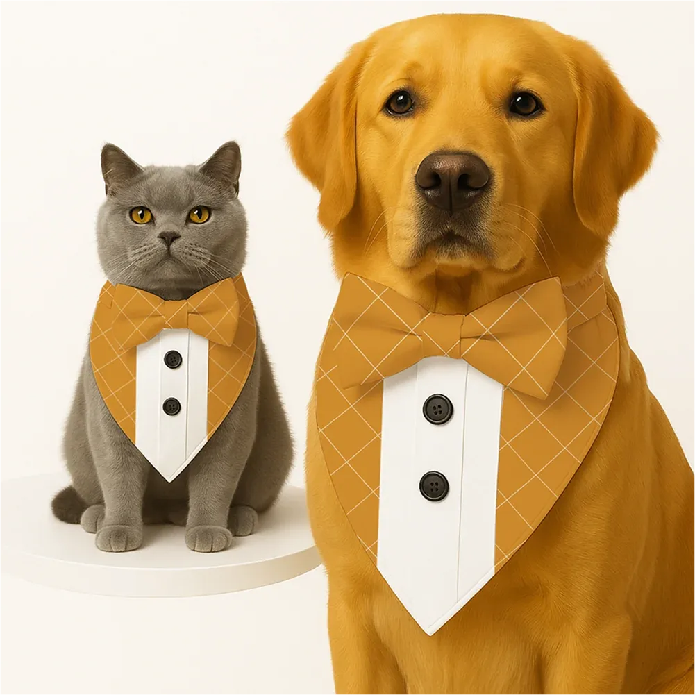 PawsIndia Mustard Checks Pattern Tuxedo Bandana with Matching Bow for Dogs and Cats - Image 2