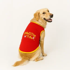 PawsIndia Pawsitive Vibes Printed with Ribbed Sleeves TShirt for Dogs (Red)