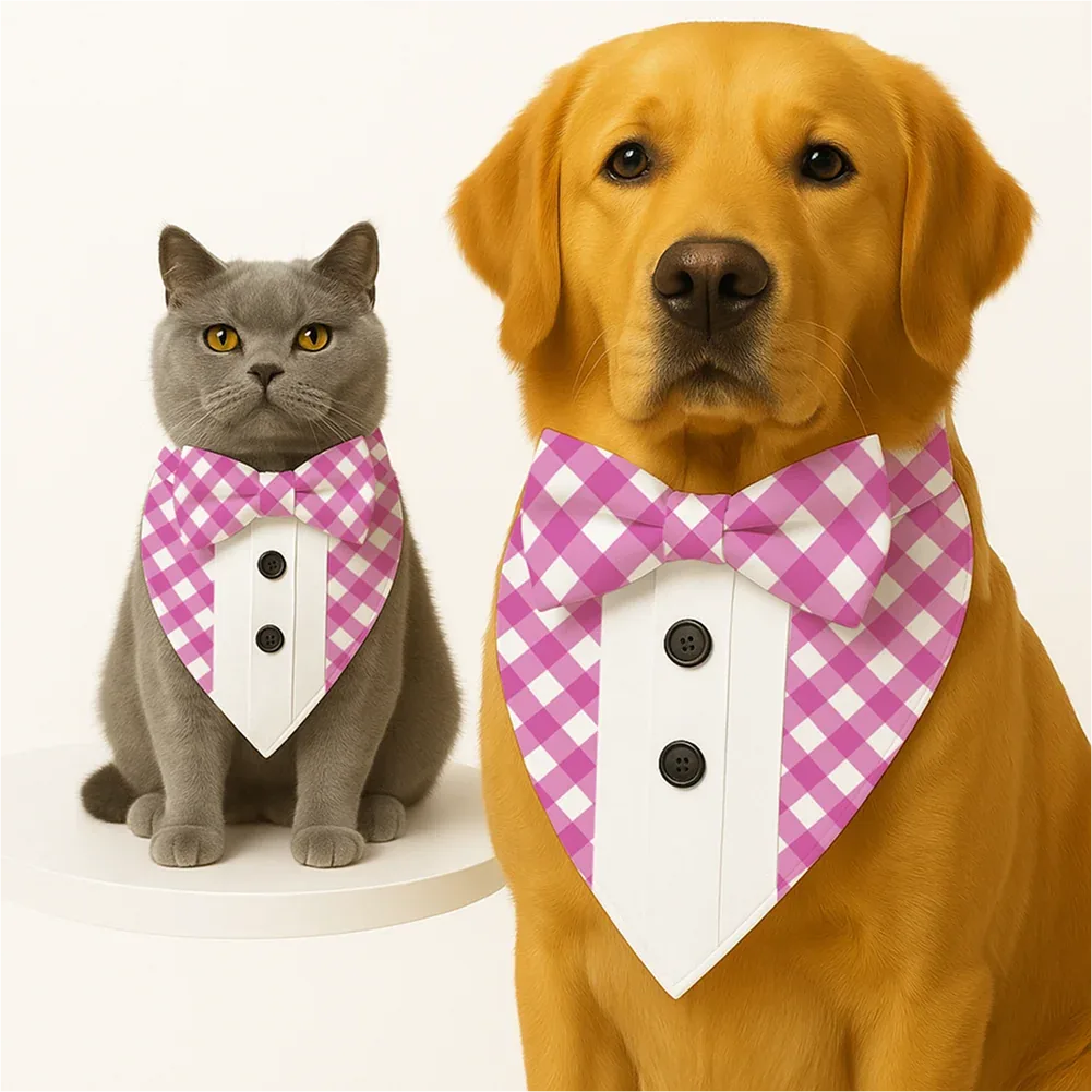 PawsIndia Pink Checks Pattern Tuxedo Bandana with Matching Bow for Dogs and Cats - Image 2