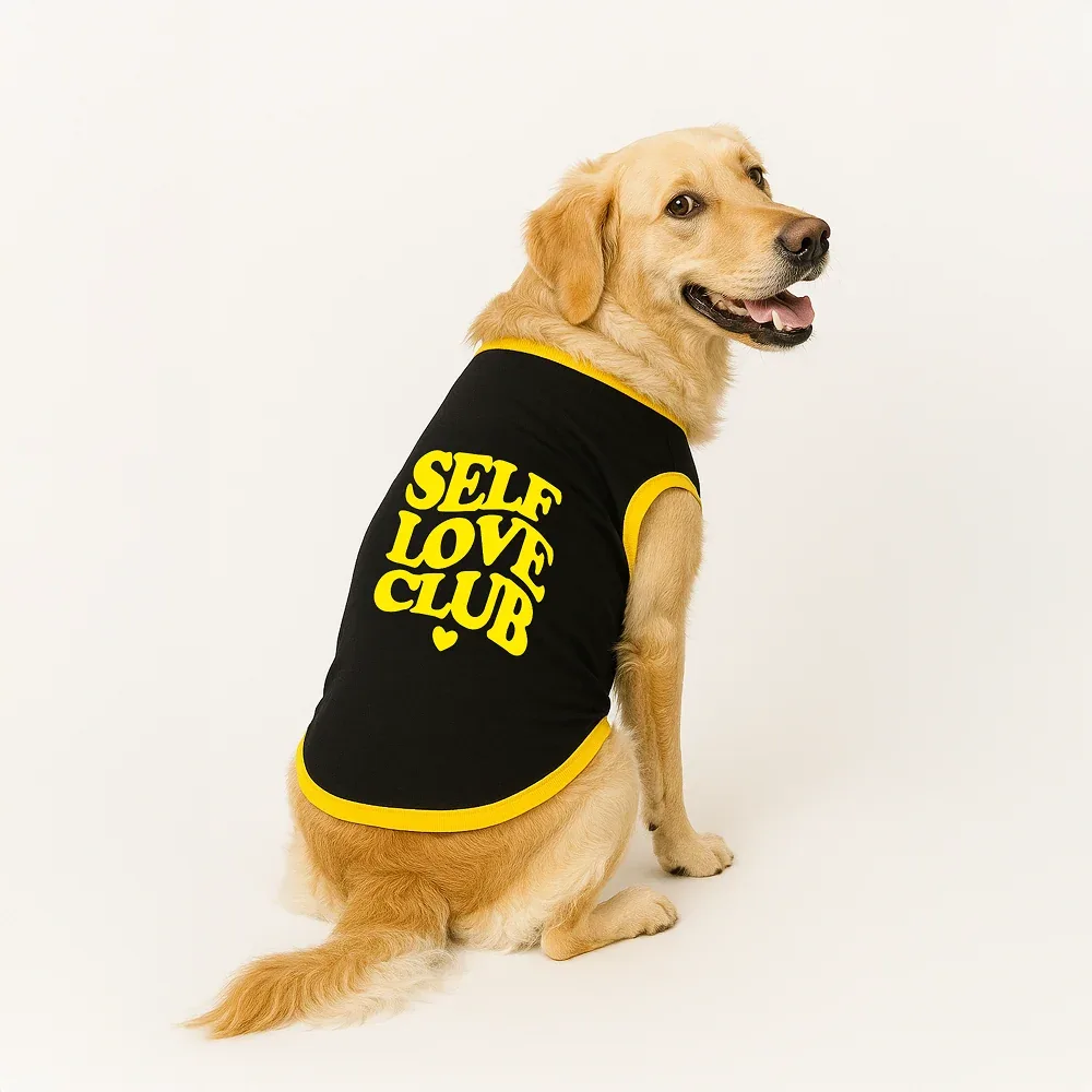 PawsIndia Self Love Club Printed with Ribbed Sleeves TShirt for Dogs (Black)