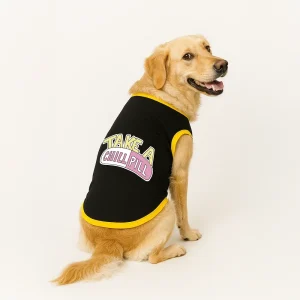 PawsIndia Take A Chill Pill Printed with Ribbed Sleeves TShirt for Dogs (Black)