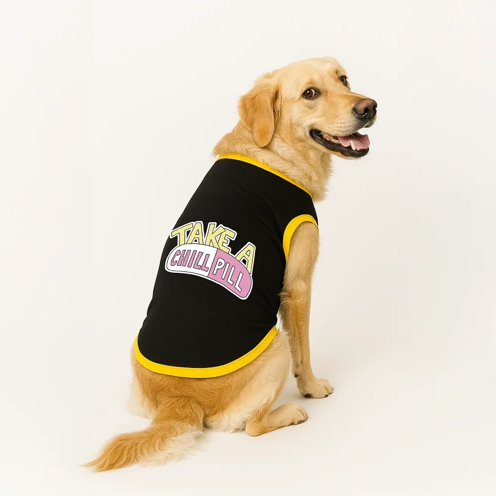 PawsIndia Take A Chill Pill Printed with Ribbed Sleeves TShirt for Dogs (Black)
