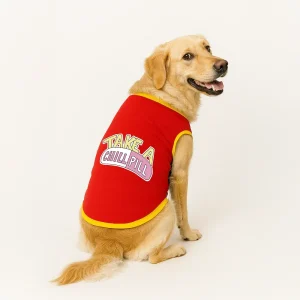 PawsIndia Take A Chill Pill Printed with Ribbed Sleeves TShirt for Dogs (Red)