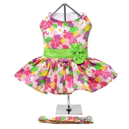 Pink Hawaiian Floral Dog Harness Dress with Matching Leash - Image 2