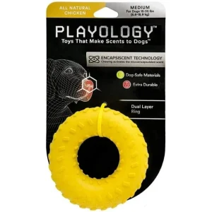 Playology Durable Dual-Layered Ring Chicken Scented Fetch and Chew Rubber Dog Toy - Yellow