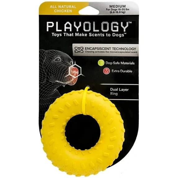 Playology Durable Dual-Layered Ring Chicken Scented Fetch and Chew Rubber Dog Toy - Yellow