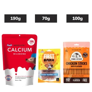 Drools Absolute Calcium Bone, First Bark Chicken Training Cubes, Kennel Kitchen Flaxseed Stick Dogs Combo