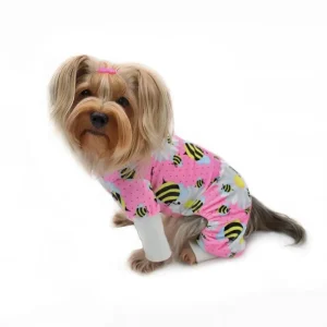 Klippo Bumblebee & Flower Plush Minky Dog Pajamas - Ultra Soft with Stretch Dog Collar & Cuffs