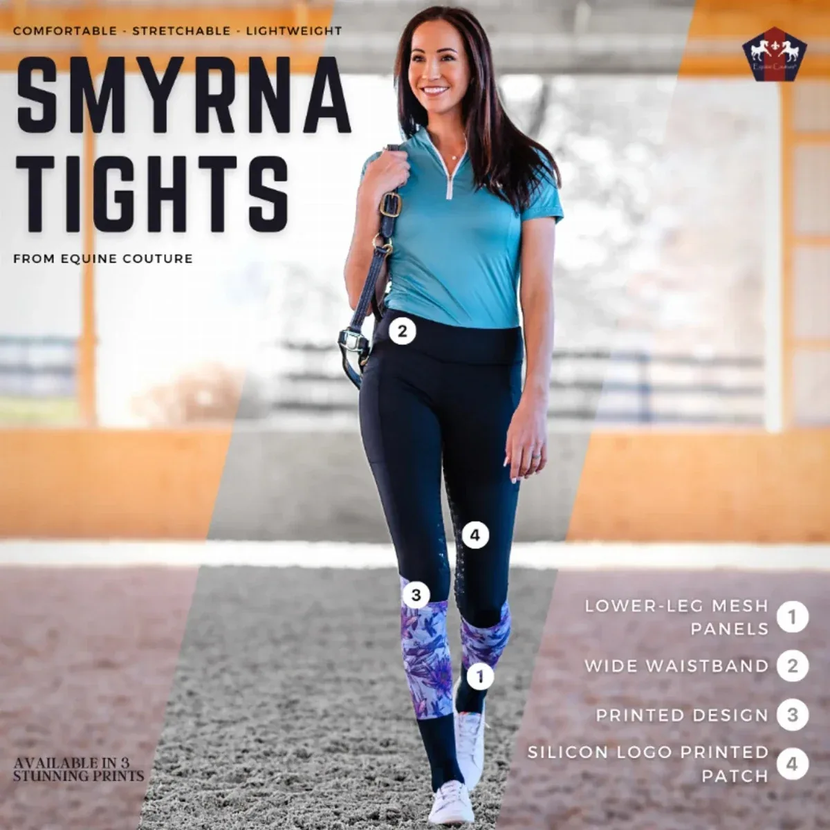Equine Couture Daisy Printed Smyrna Tights - Women's Riding Leggings with Mesh Lower Leg