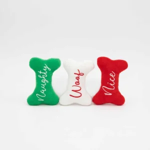 ZippyPaws Holiday Miniz Naughty and Nice Bones Plush Dog Toy, 3-Count