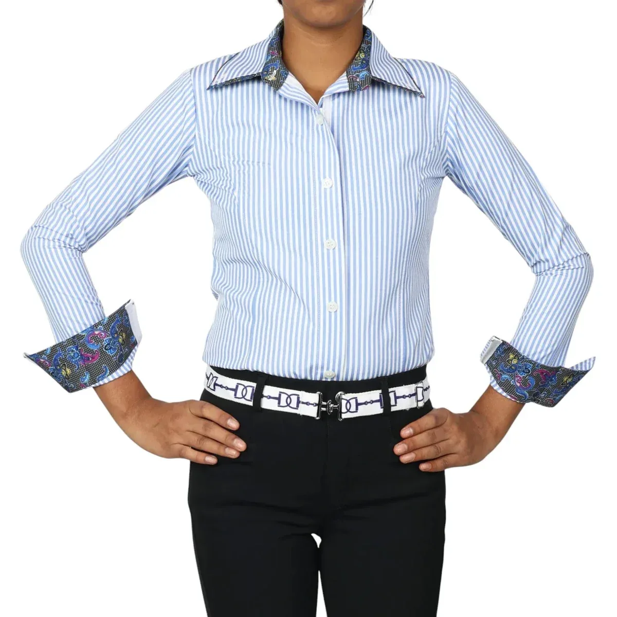 TuffRider Girls ADEY Double Collar Stripe Shirt-Blue-Large - Image 2