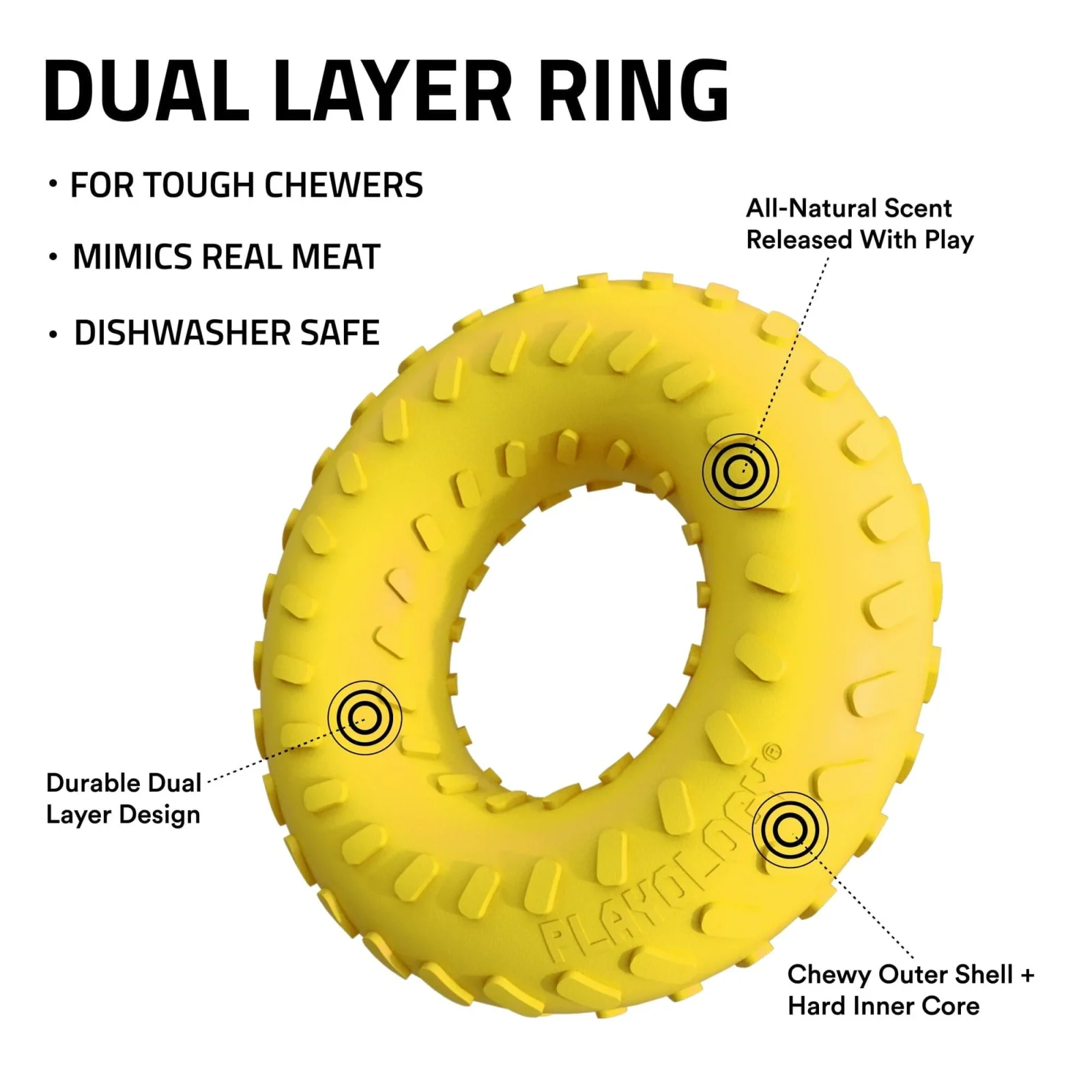 Playology Durable Dual-Layered Ring Chicken Scented Fetch and Chew Rubber Dog Toy - Yellow - Image 2