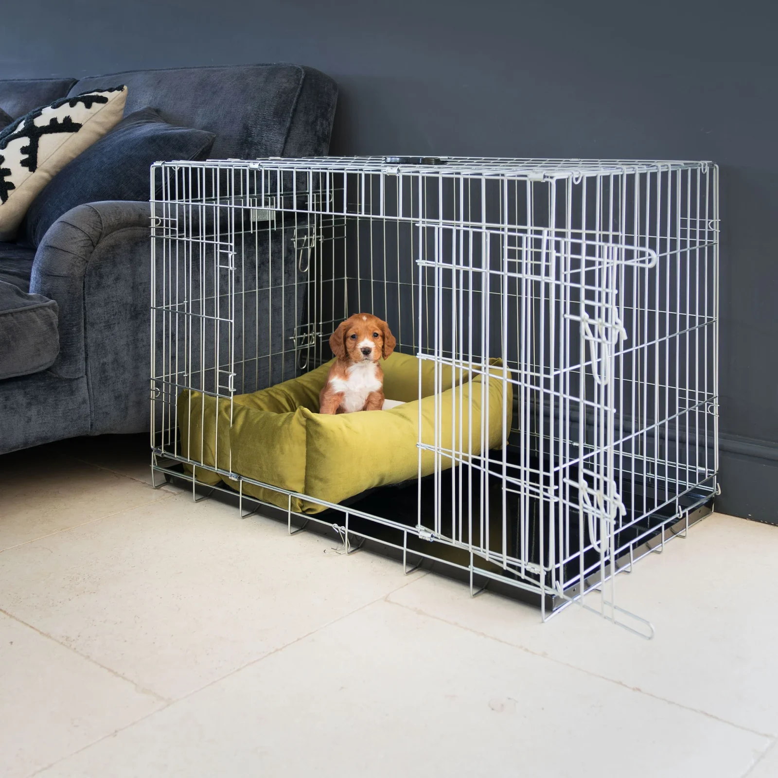 Dog Crate with Cosy & Calming Puppy Crate Bed in Olive Velvet by Lords & Labradors - Image 2
