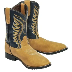 TuffRider Children's Lassen Rounded Toe Western Boot- Tan with Navy- 10C