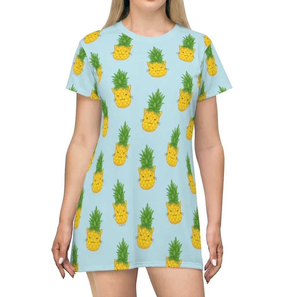 Tropical Pineapple Cat T-Shirt Dress - Image 2