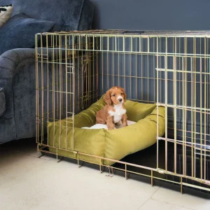 Dog Crate with Cosy & Calming Puppy Crate Bed in Olive Velvet by Lords & Labradors
