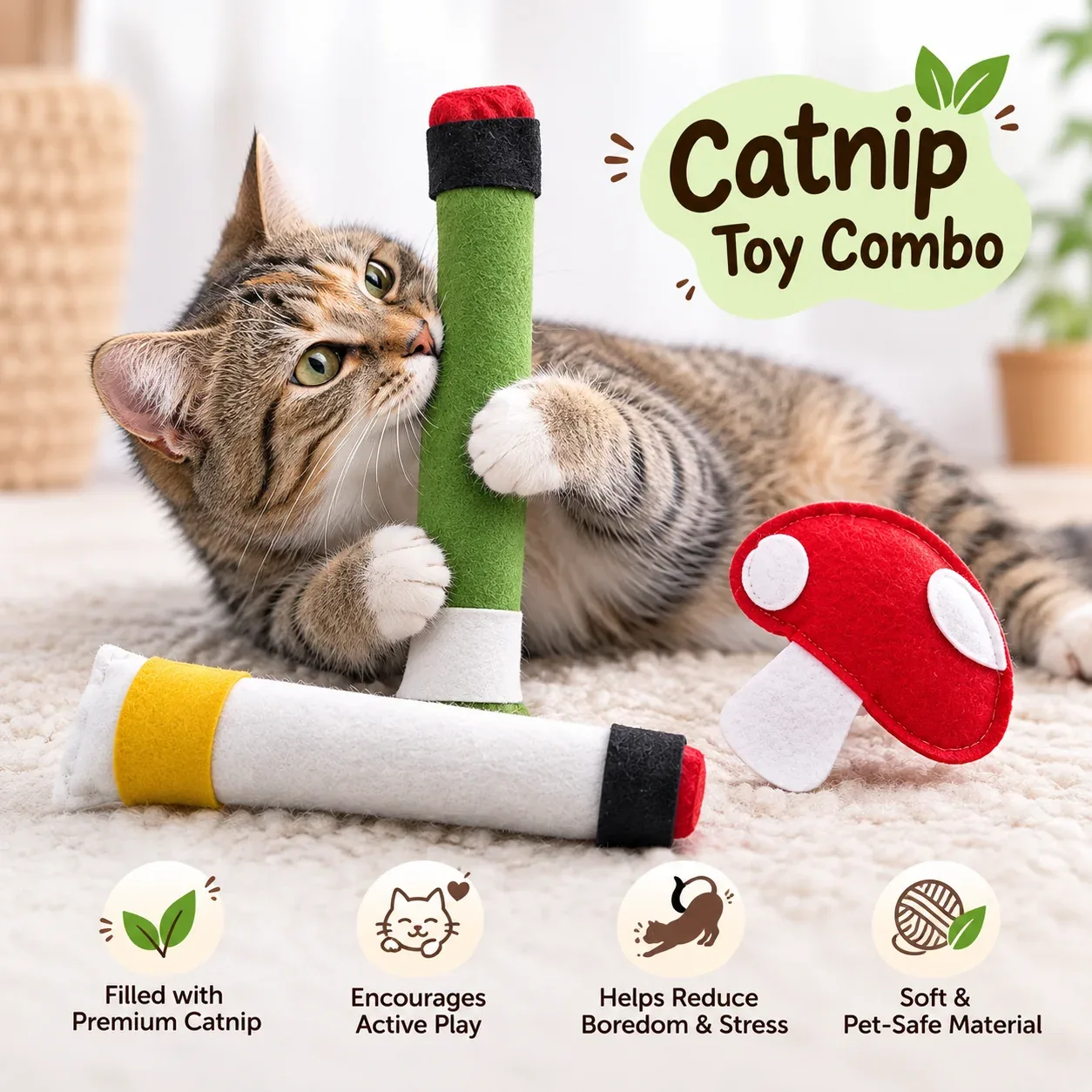 Skatrs Cig, Joint and Magic Mushroom Catnip Toys Combo for Cats - Image 2