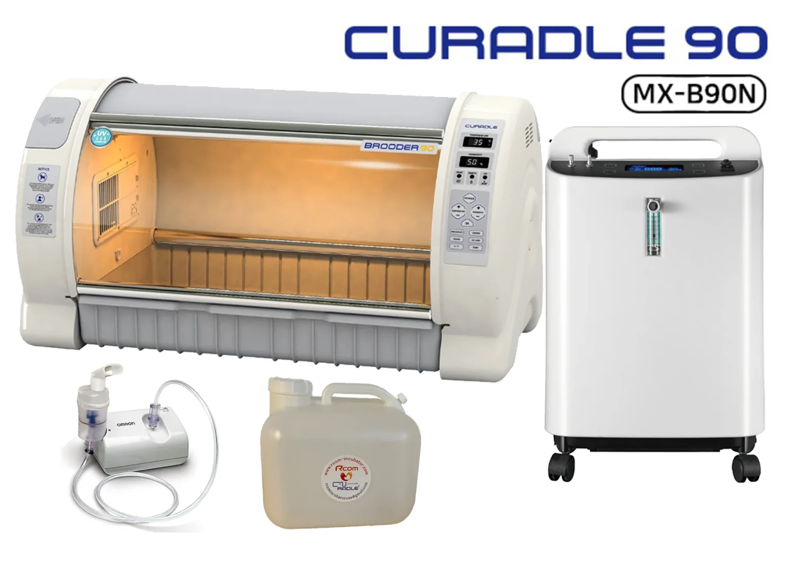 Pet Brooder 90 Bundle with 5L Veterinarian Oxygen Concentrator, Nebulizer, Water Reservoir, and Air Filters by Rcom USA