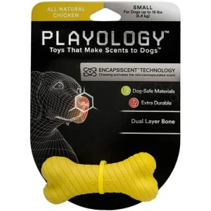 Playology Durable Dual-Layered Bone Chicken Scented Fetch and Chew Rubber Dog Toy - Yellow