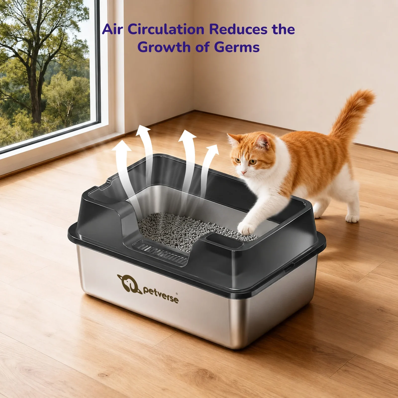 Petverse Stainless Steel High Sides with Centre Opening Litter Box for Cats (Grey) - Image 2