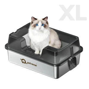 Petverse Stainless Steel High Sides with Centre Opening Litter Box for Cats (Grey)