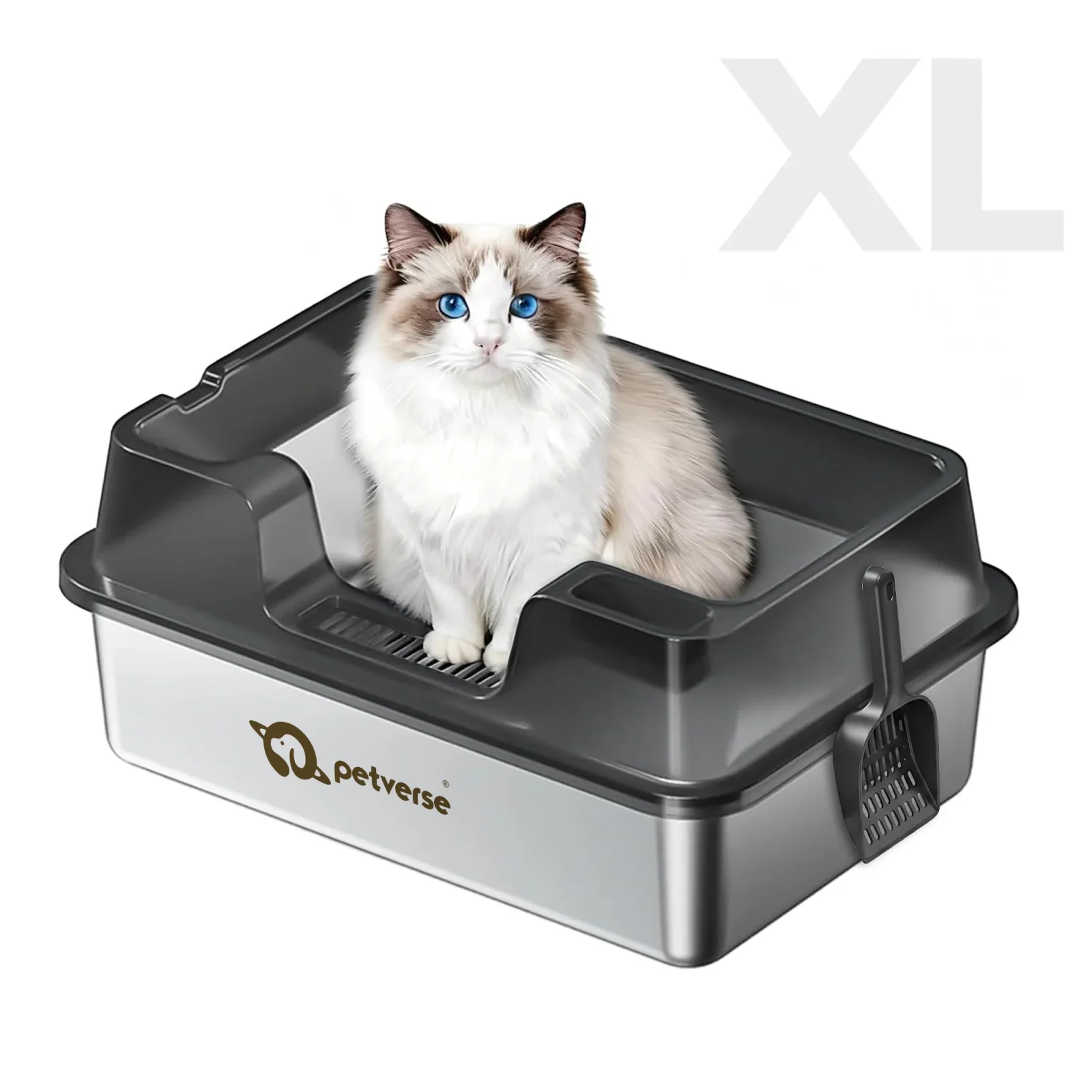 Petverse Stainless Steel High Sides with Centre Opening Litter Box for Cats (Grey)