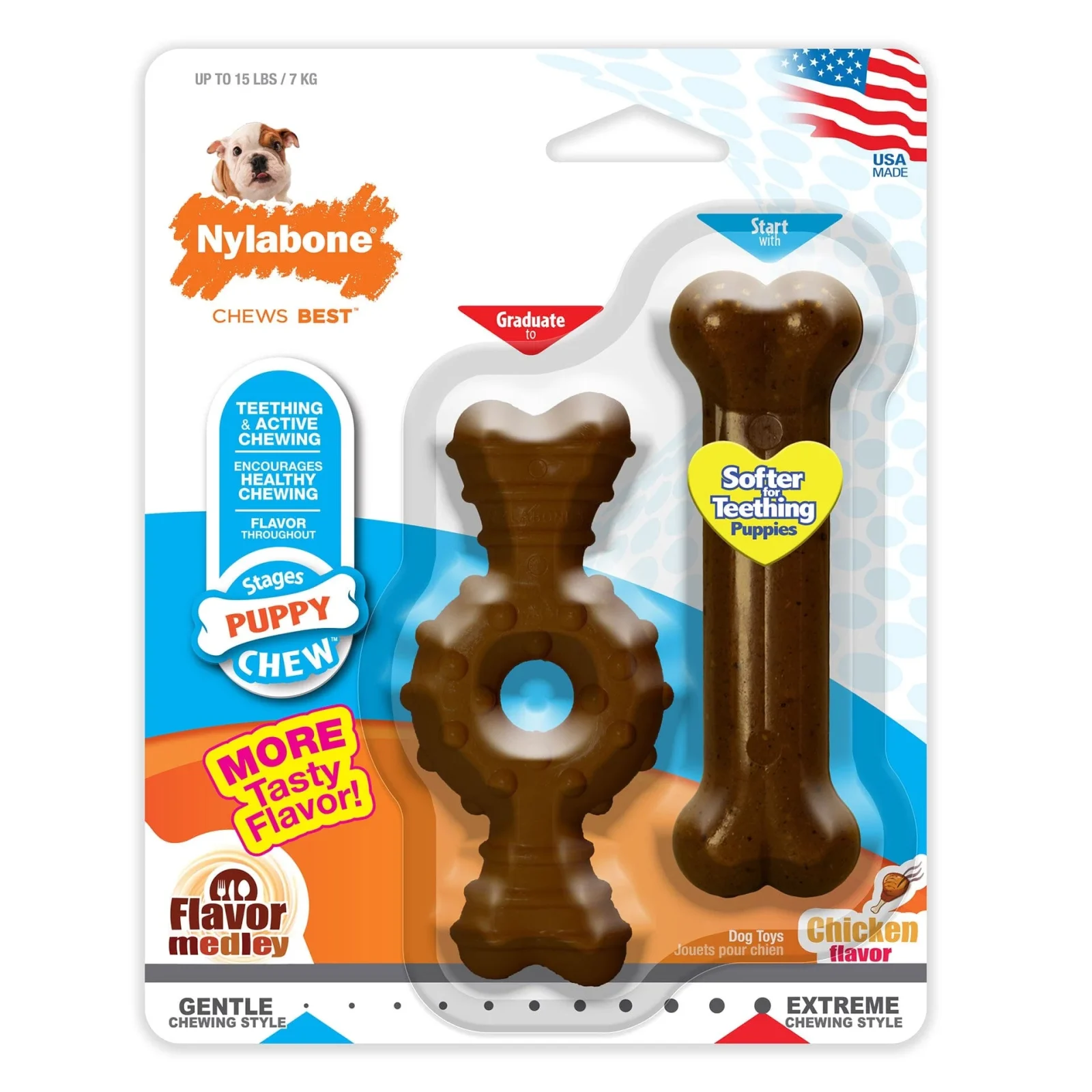 Nylabone Ring and Bone Puppy-Chew Chicken and Medley Flavor Teething Puppy Nylon Chew Dog Toy - 2 Pack