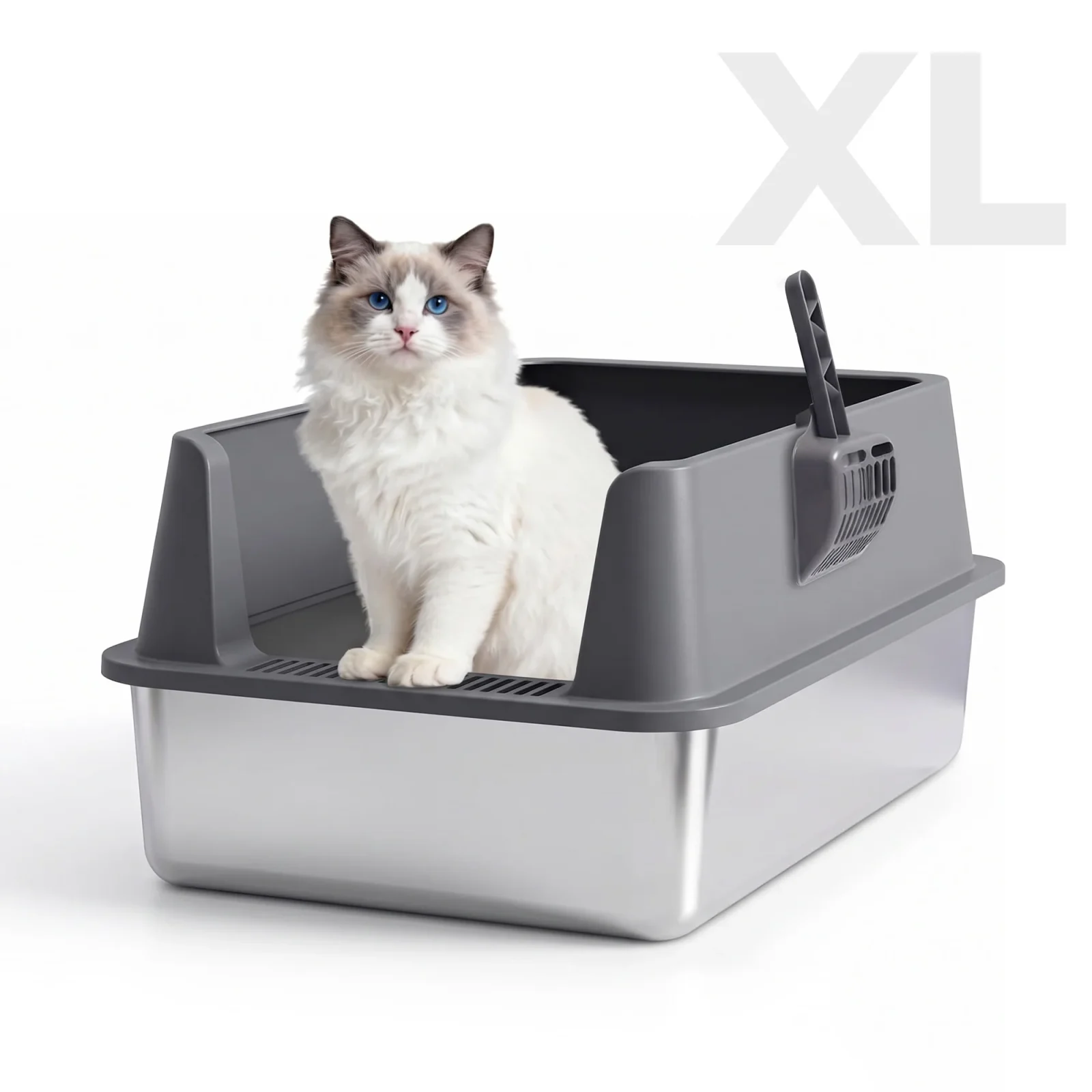 Petverse Stainless Steel Side Opening Litter Box for Cats (Grey)