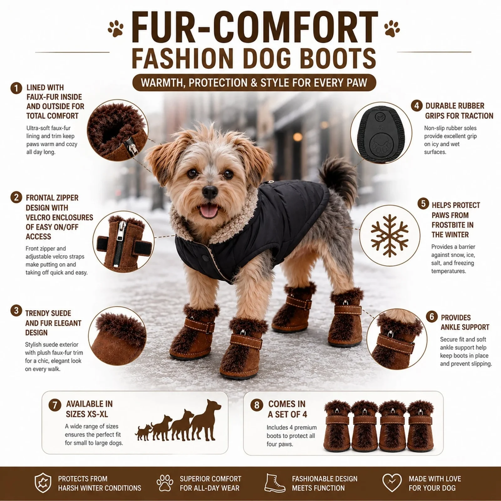Pet Life ® Fur-Comfort 3M Insulated Fashion Fur and Suede Winter Dog Shoes Boots - Set of 4 - Image 2