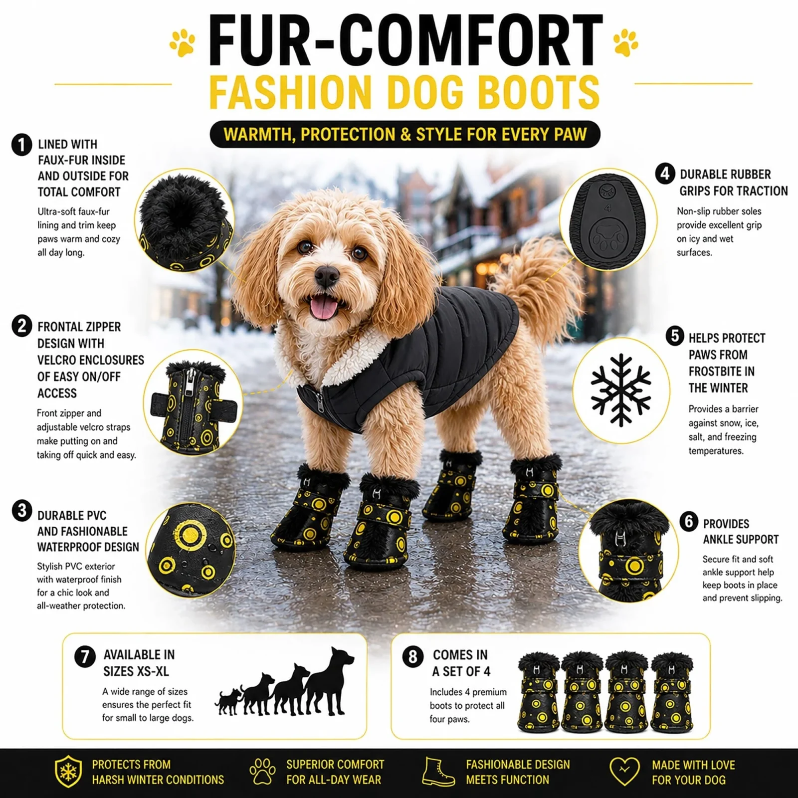 Pet Life ® Fur-Comfort 3M Insulated Fashion Fur and PVC Waterproof Winter Dog Boots - Set of 4 - Image 2