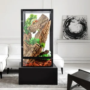 REPTI ZOO 18" x 18" / 16 x 16" Front Opening Chameleon Cage with 3-Sided Metal Mesh, 34/50 Gallon Screen Vertical Terrarium with Background Sticker,