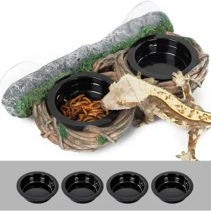 REPTI ZOO Dual Gecko Feeder Ledge, Reptile Hollow Vine Food Feeding for Bearded Dragon Lizard Snake Turtle, Reptile Water Feeding with 4 PCS Bowl, Reptile Dish Terrarium Tank Decor Accessories