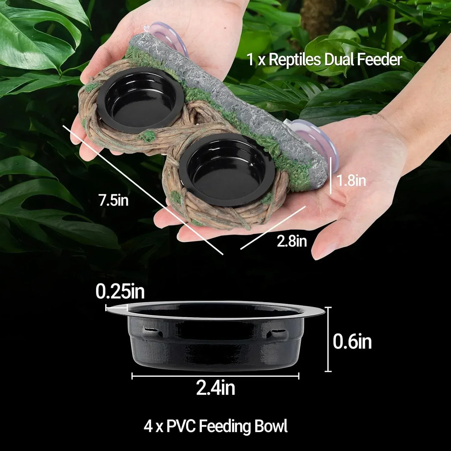 REPTI ZOO Dual Gecko Feeder Ledge, Reptile Hollow Vine Food Feeding for Bearded Dragon Lizard Snake Turtle, Reptile Water Feeding with 4 PCS Bowl, Reptile Dish Terrarium Tank Decor Accessories - Image 2
